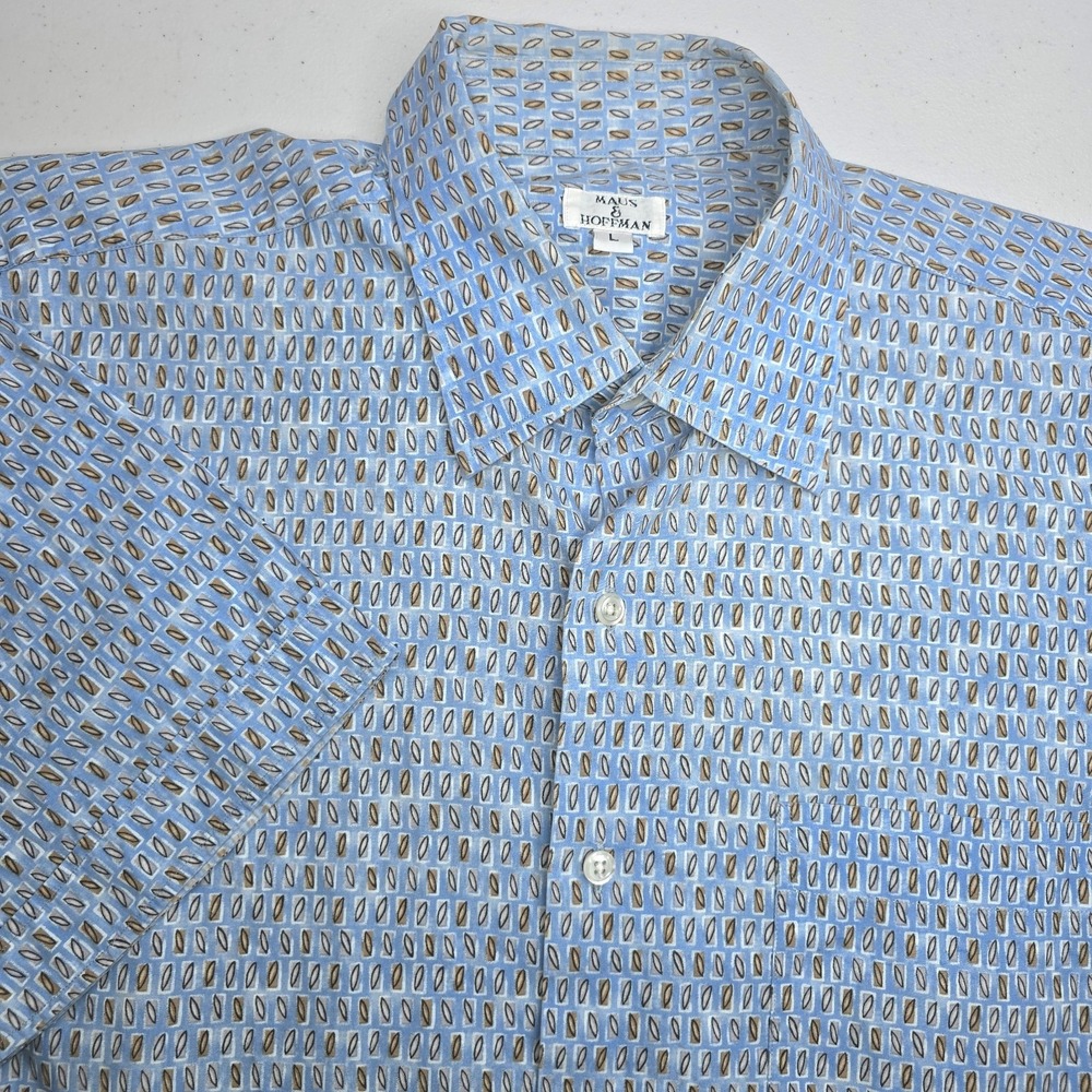 MAUS & HOFFMAN Men's Large Blue Geometric Short Sleeve Shirt Beachy -2641